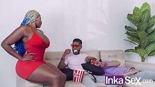 My God! Black milf with big tits and huge ass fucks gay couple for valentine’s day