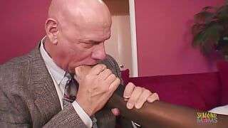 Older boss gets a footjob and fucks his secretary on the couch