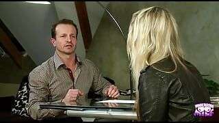 Seductive blonde bombshell shows a striptease a blowjob and has doggy style sex