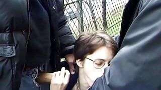 Short haired chick from France getting two cocks just for her