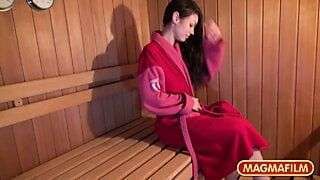 Skinny Russian sucks old cock in the sauna