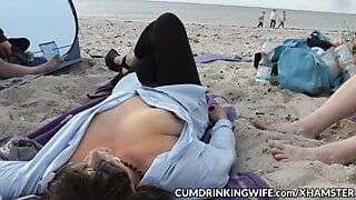 Slutwife fucked and creampied by strangers on the beach