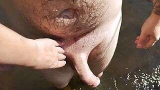 Stepsister caught me in river when I wash my cock and help me