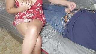 Stepsister lost a bet and had to give me a handjob with her tits out