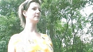 Thick German woman gets warm cum on her small boobs