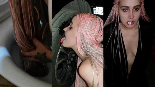 Night naked walk, licking toilet and outdoor fetishes