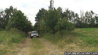 Old granny in outdoor threesome fuck