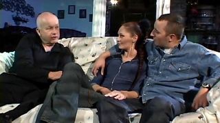 Sexy little housewife gives two hard cocks blow jobs then fucks