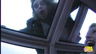 Two racy lesbian bitches show off and lick each other on a boat in Paris