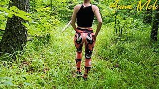 Public masturbation, a girl in leggings walks in nature