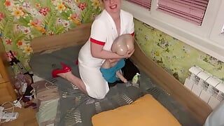 Dirty nurse sucks and wanks patient