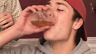 Horny frat guys get two sweet ass coed babes to suck twats and fuck on table