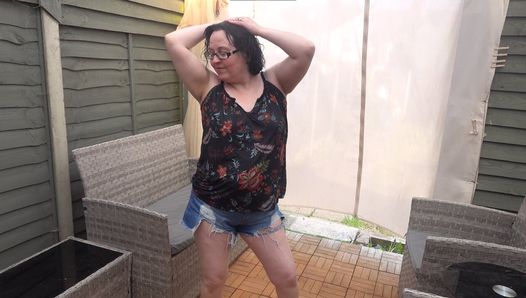 Mom stripping in turn Denim shorts and bra