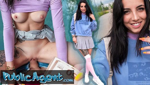Public Agent – slim natural Italian college student flashes her natural tits and tight ass with sex outdoors