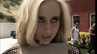 Sexy blonde in black fishnet top gives head and gets fucked by three guys