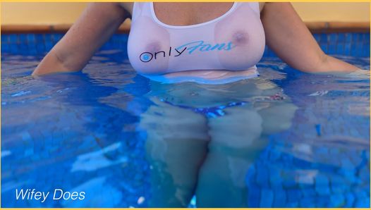 Wifey goes into the pool braless in a white tight shirt