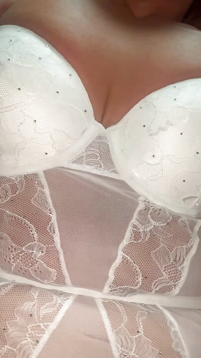 Close up of my Wife in white outfit and high heels starts to play before fucked with toy and squirts everywhere