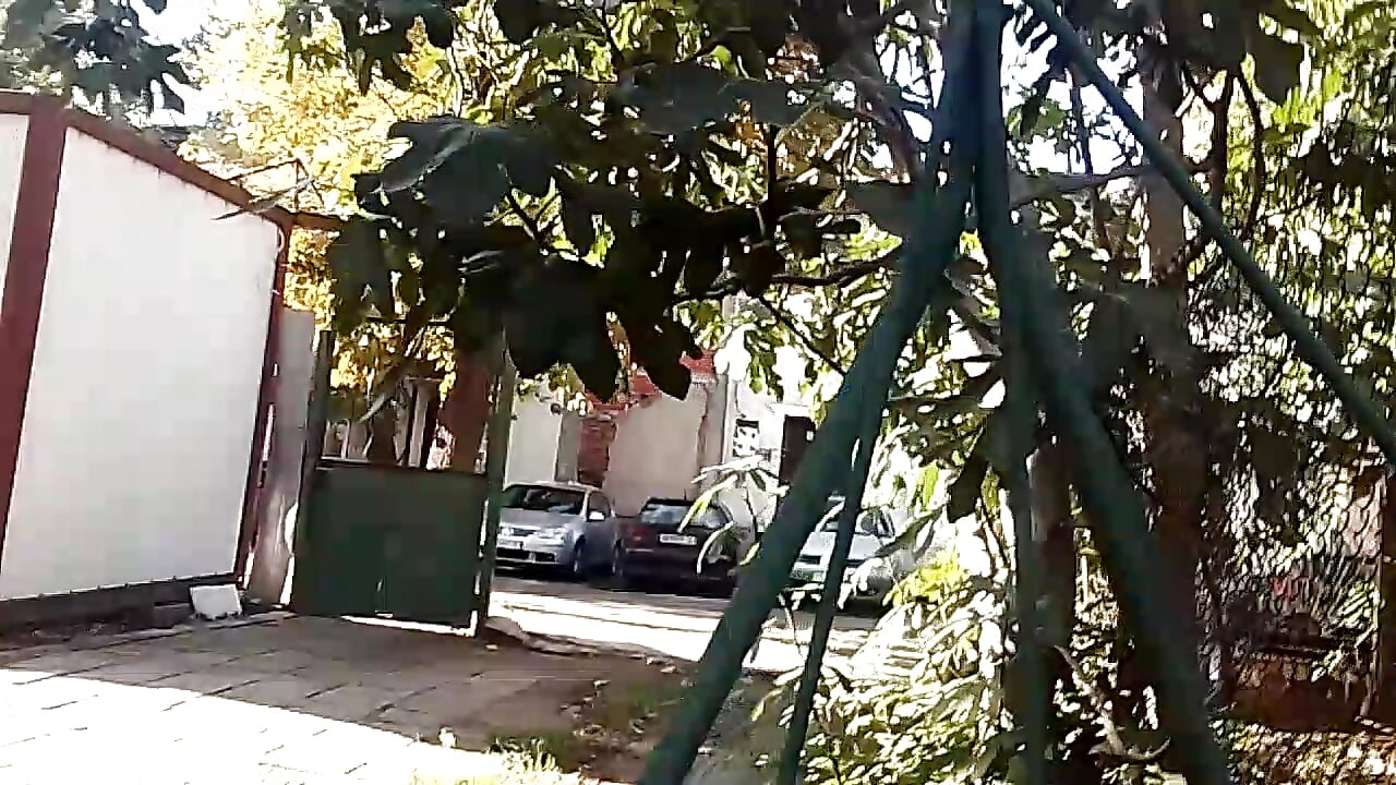 Horny slut riskily shows her tits in the yard