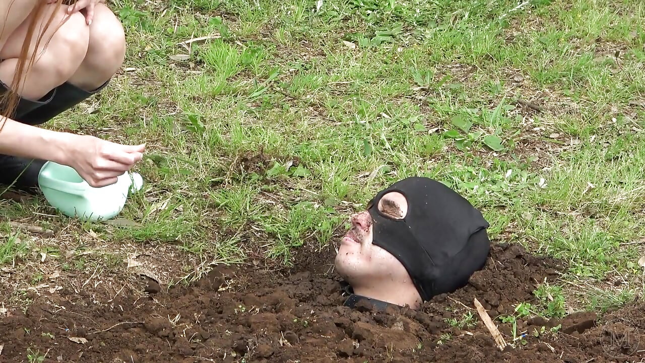 Mistress Ties Slave to a Tree in the Forest and Whips, Then Leaves in the Ground with Only Head Exposed, Ignoring Overnight