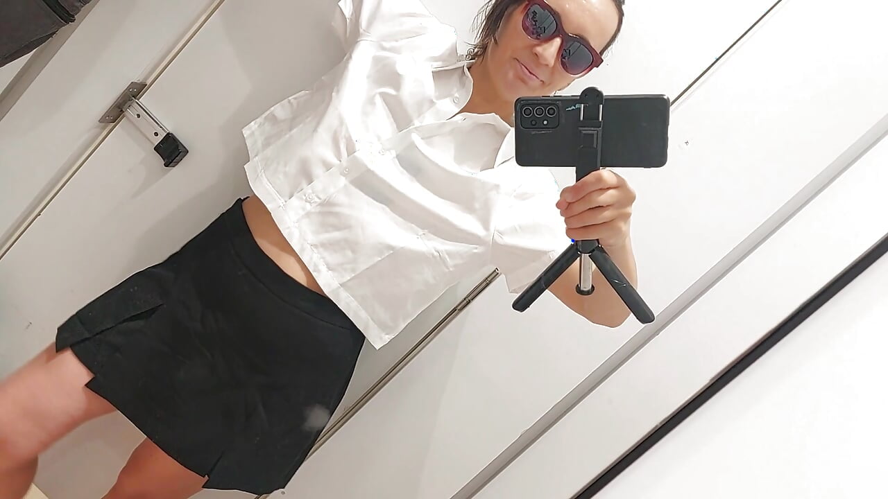 Sexy STEPmom trying on clothes in the locker room. Hairy pussy, big nipples, cute little tits