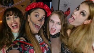 5 Lesbians have an orgy for Halloween in a bar and play with sex toys in cosplay