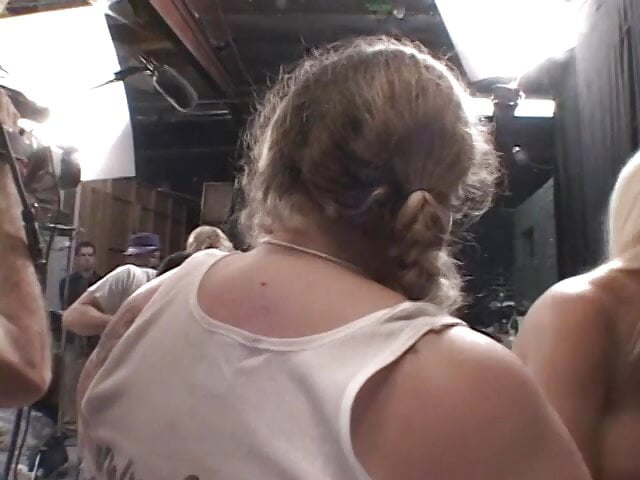 Blond with big boobs sucks cocks of very fat males then gets covered in jizz